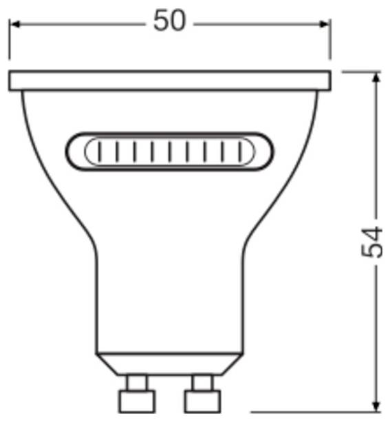 Disegno tecnico di un supporto compatto con larghezza superiore 50 e altezza 54, che mostra un pannello anteriore ventilato e due connettori inferiori.