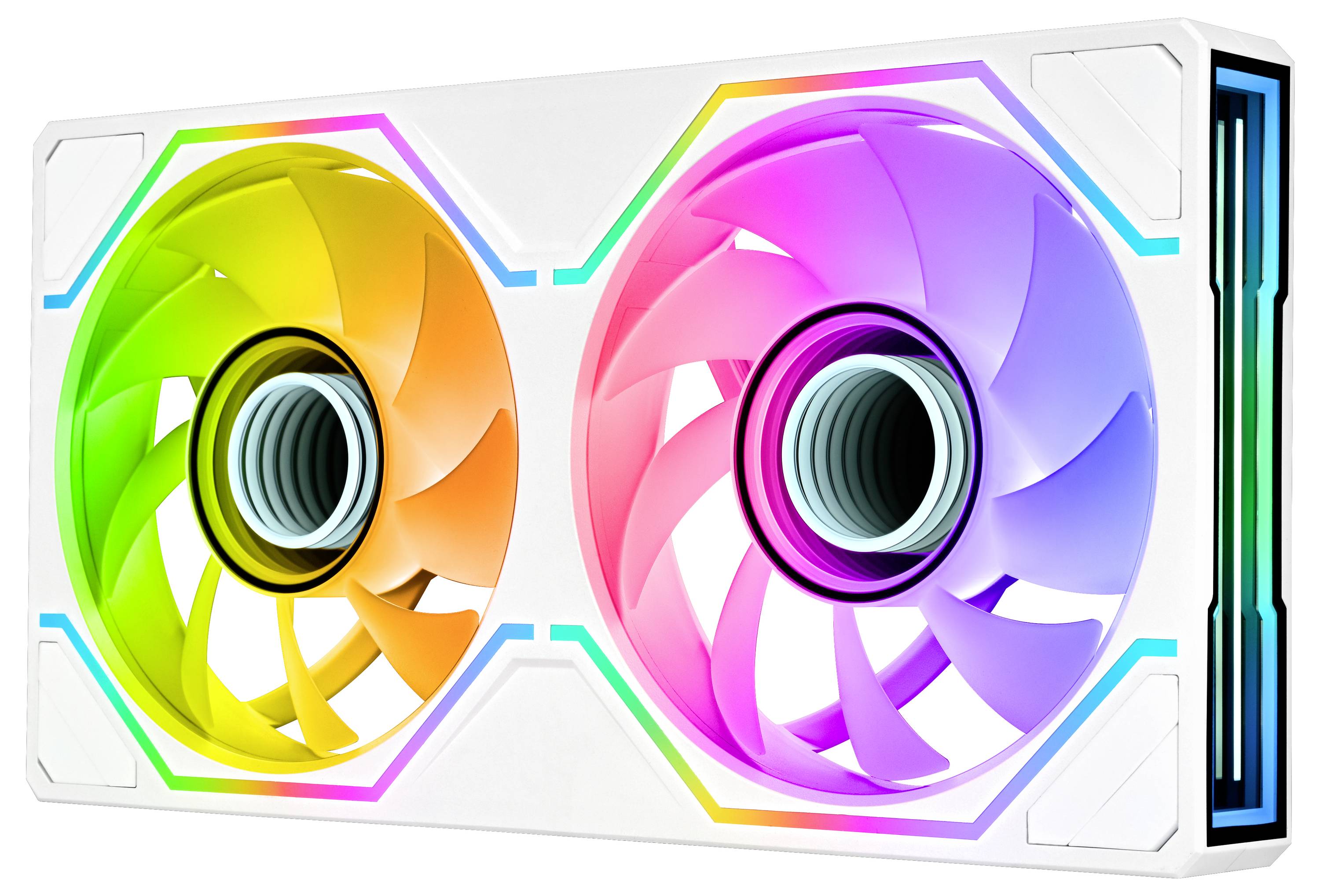 Doppi ventilatori di raffreddamento RGB su una scheda grafica per PC bianca, con cornice illuminata multicolore e accenti laterali blu.