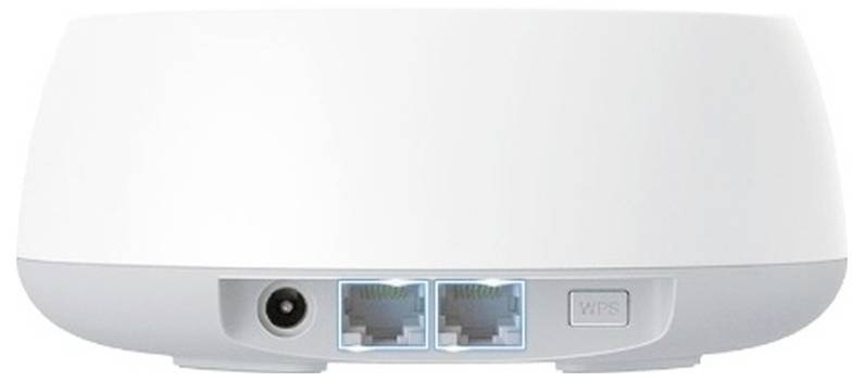 Vista posteriore di un router wireless bianco con presa di alimentazione, due porte Ethernet e un pulsante WPS.