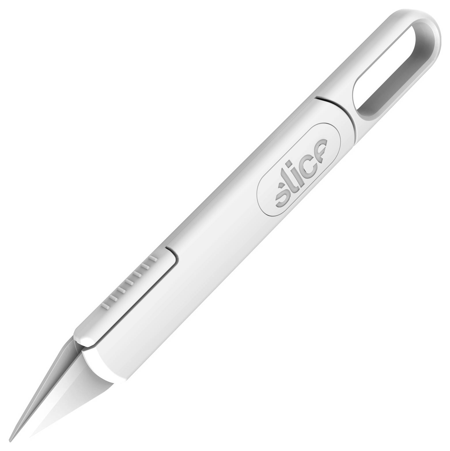 Temperamatite ergonomico bianco con logo "slice", mostrato su uno sfondo bianco neutro.