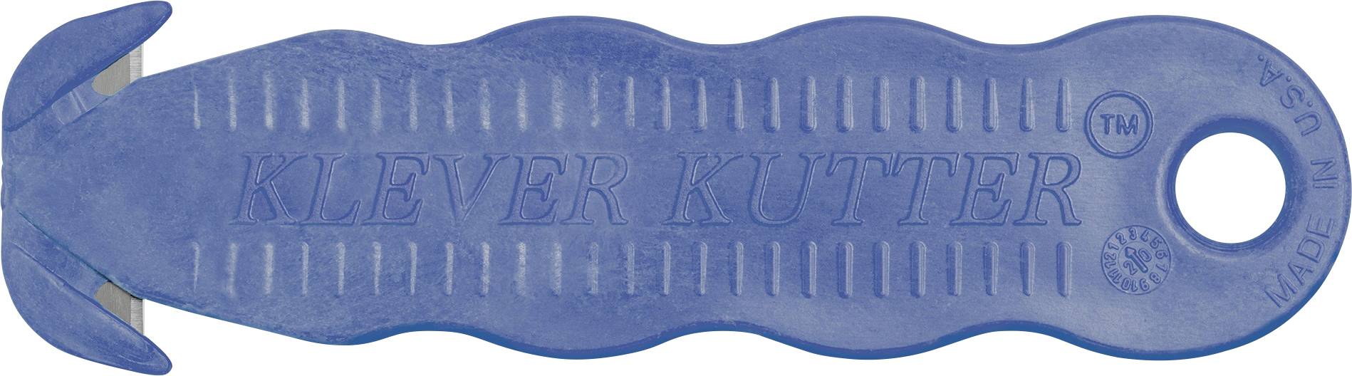 Taglierina di sicurezza Blue Klever Kutter con impugnatura ergonomica, lama ricurva all'estremità sinistra e foro di sospensione all'estremità destra.