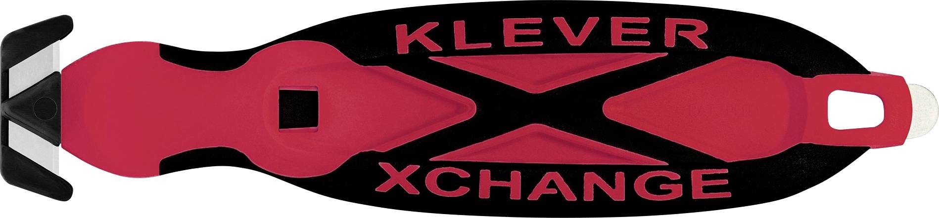 Cinghia in nylon rosso e nero etichettata KLEVER XCHANGE, con maniglia ad anello e fibbia regolabile, probabilmente un accessorio di sicurezza o contenimento.