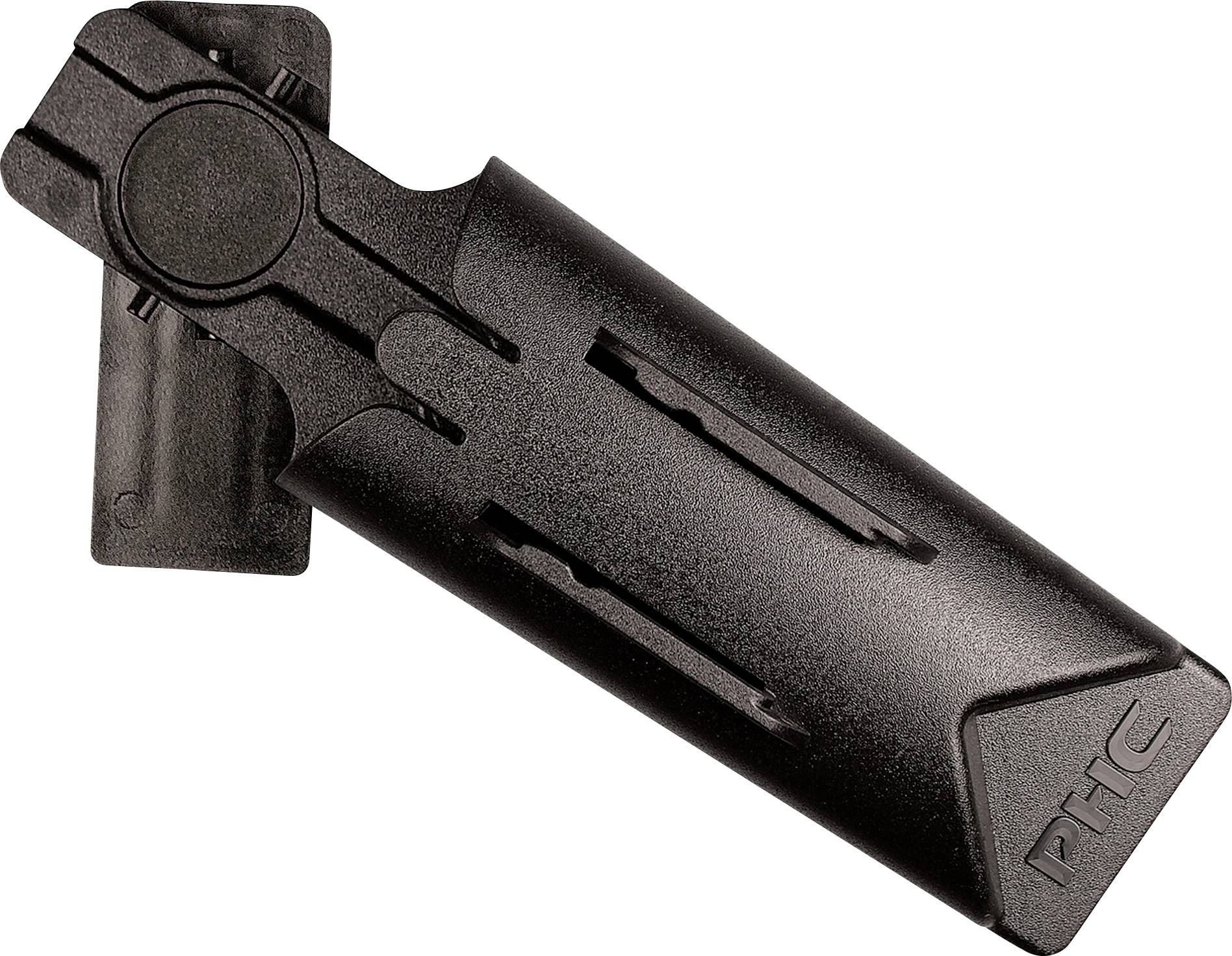 Fondina tattica in plastica nera per torcia elettrica o clip di montaggio con "PITC" in rilievo sulla estremità, mostrata su uno sfondo bianco.