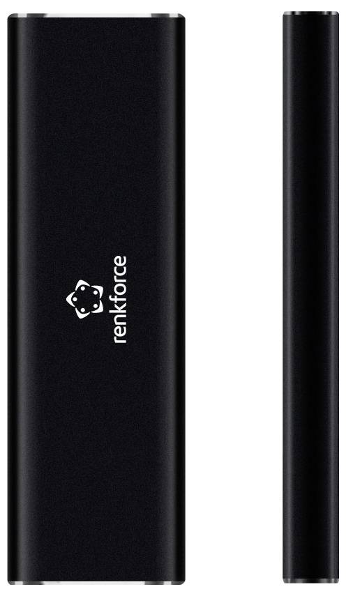 Dispositivo Renkcore rettangolare nero mostrato in vista frontale e laterale, con il logo "renkforce" sulla parte anteriore.