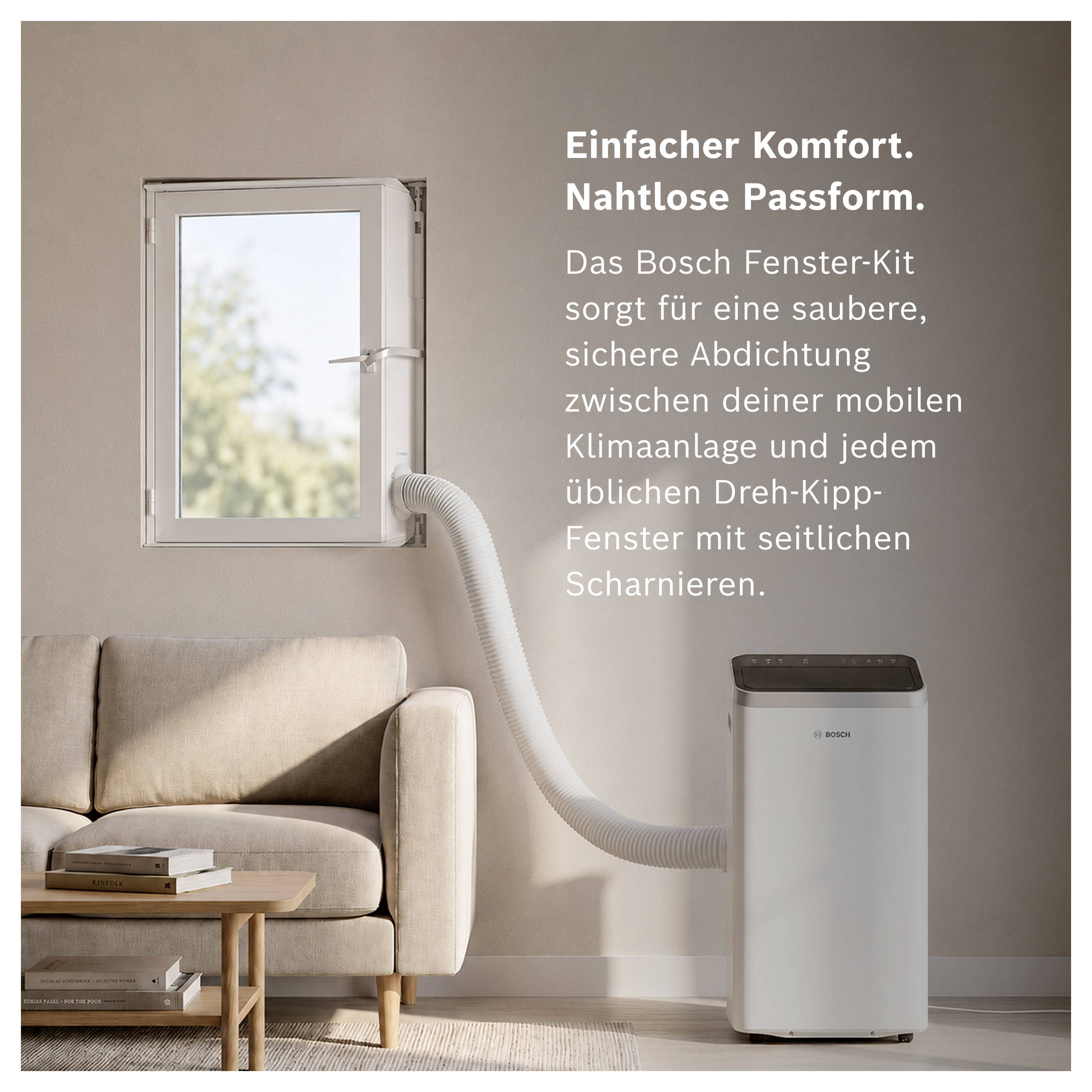 Climatizzatore mobile con tubo alla finestra; il testo pubblicizza il kit finestra Bosch: sigillamento pulito e sicuro per finestre basculanti.