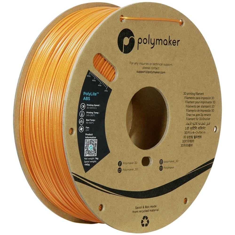 Bobina di filamento per stampante 3D in ABS PolyLite Polymaker arancione su rocchetto di cartone con informazioni sul prodotto stampate.
