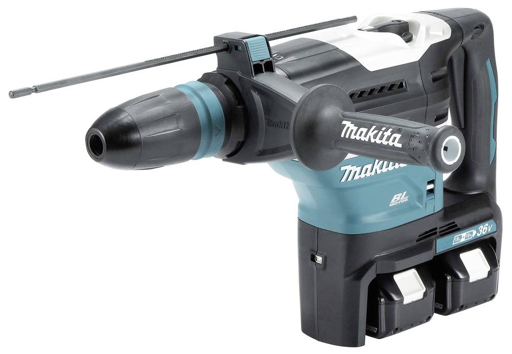 Trapano martellante rotante Makita senza fili con maniglia laterale e pacco batteria su sfondo bianco.