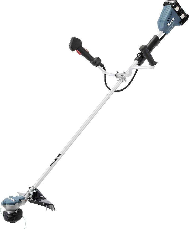 Decespugliatore cordless con albero lungo, maniglia ad anello e testa per il taglio dell'erba su sfondo bianco.