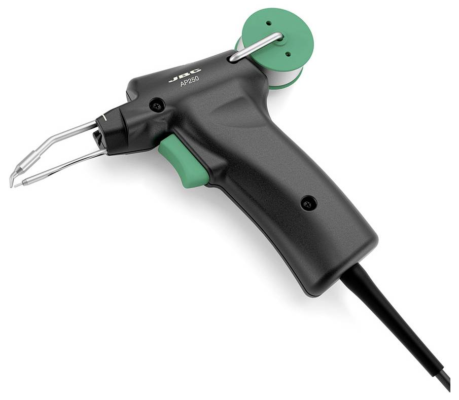 Pistola per saldare elettrica portatile nera e verde con punta metallica e cavo di alimentazione su sfondo bianco.