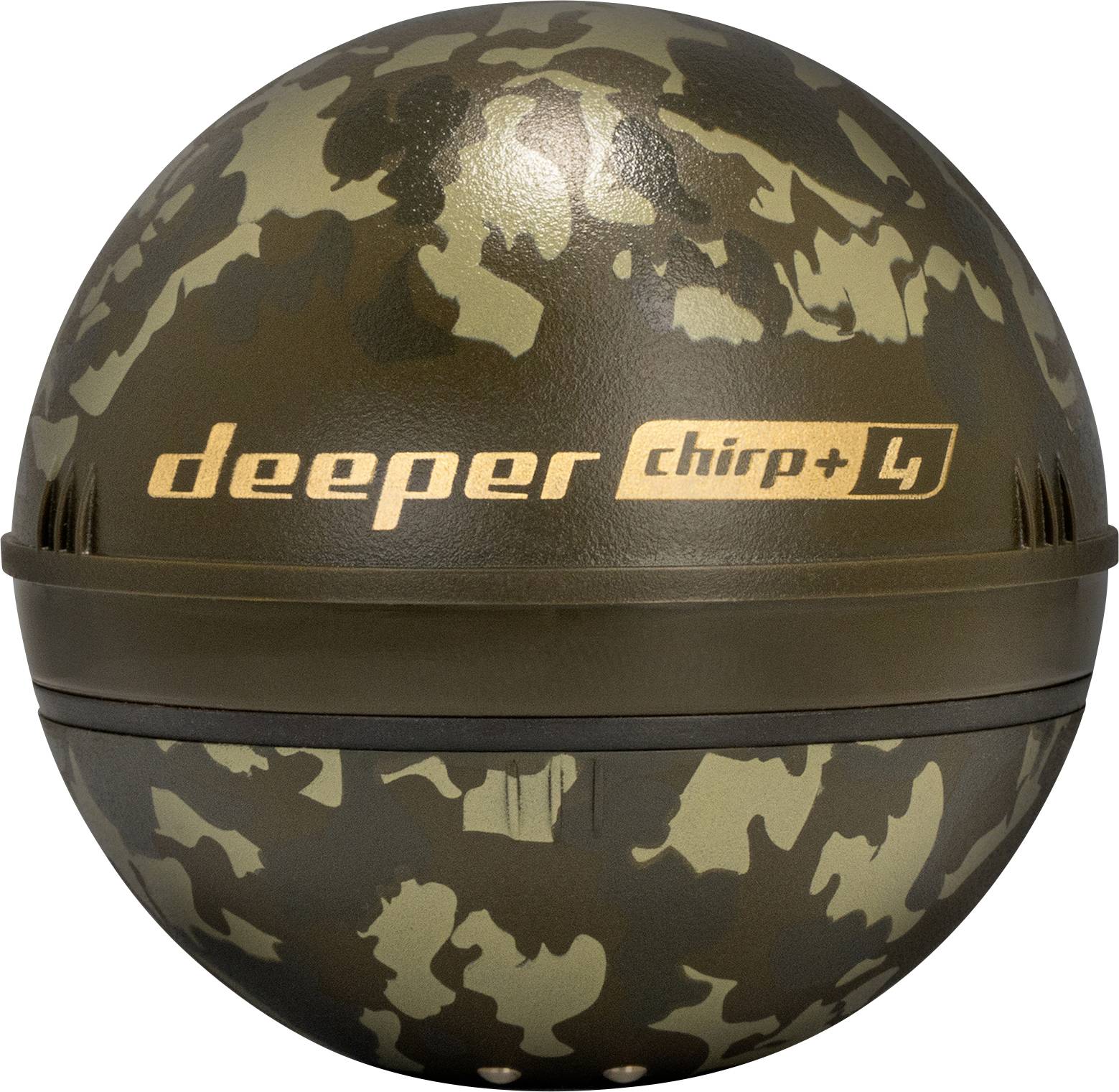 Dispositivo fish finder Deeper Chirp+ 4 con motivo mimetico su sfondo bianco.