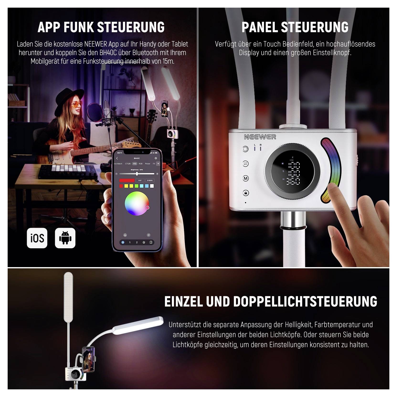 Grafica promozionale che mostra il controllo dell'app per smartphone e il controllo del pannello per una luce Neewer: l'app regola il colore e la luminosità, il pannello dispone di una manopola tattile e di controlli separati per luci singole/doppie.