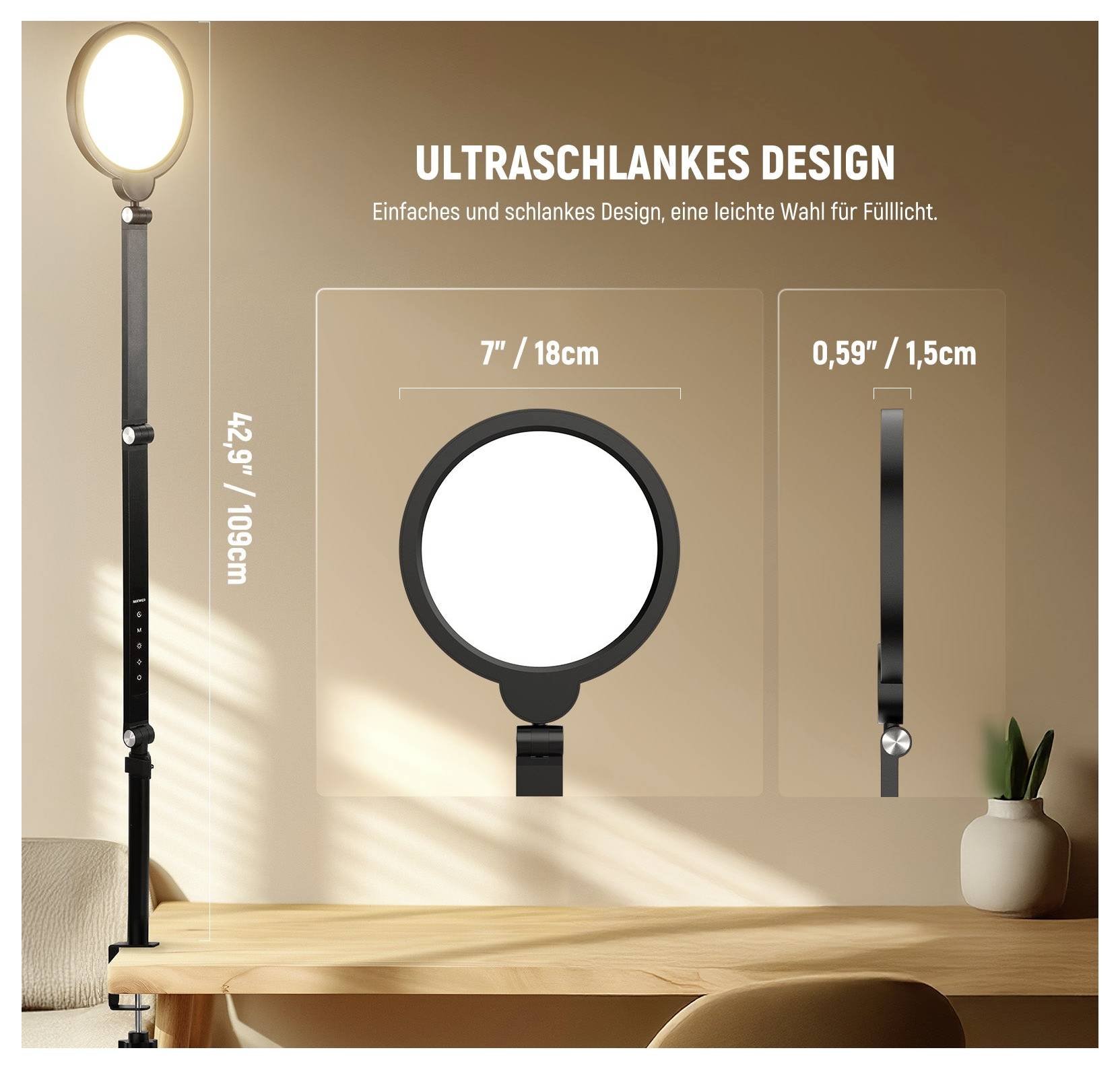 Immagine del prodotto di una luce ad anello ultra-sottile, che mostra il supporto completo, la testa della lampada rotonda ed etichette di dimensioni: 42,9 pollici di altezza, 7 pollici di diametro, 0,59 pollici di spessore.