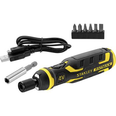 Kit cacciavite cordless Stanley FatMax 4V con cavo di ricarica USB, portabit e sei punte di cacciavite.