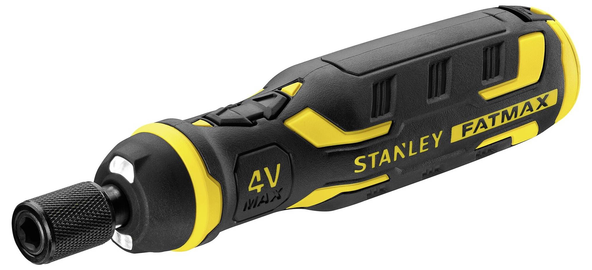 Utensile rotante cordless STANLEY FATMAX 4V nero e giallo con porta-punta texture su sfondo bianco