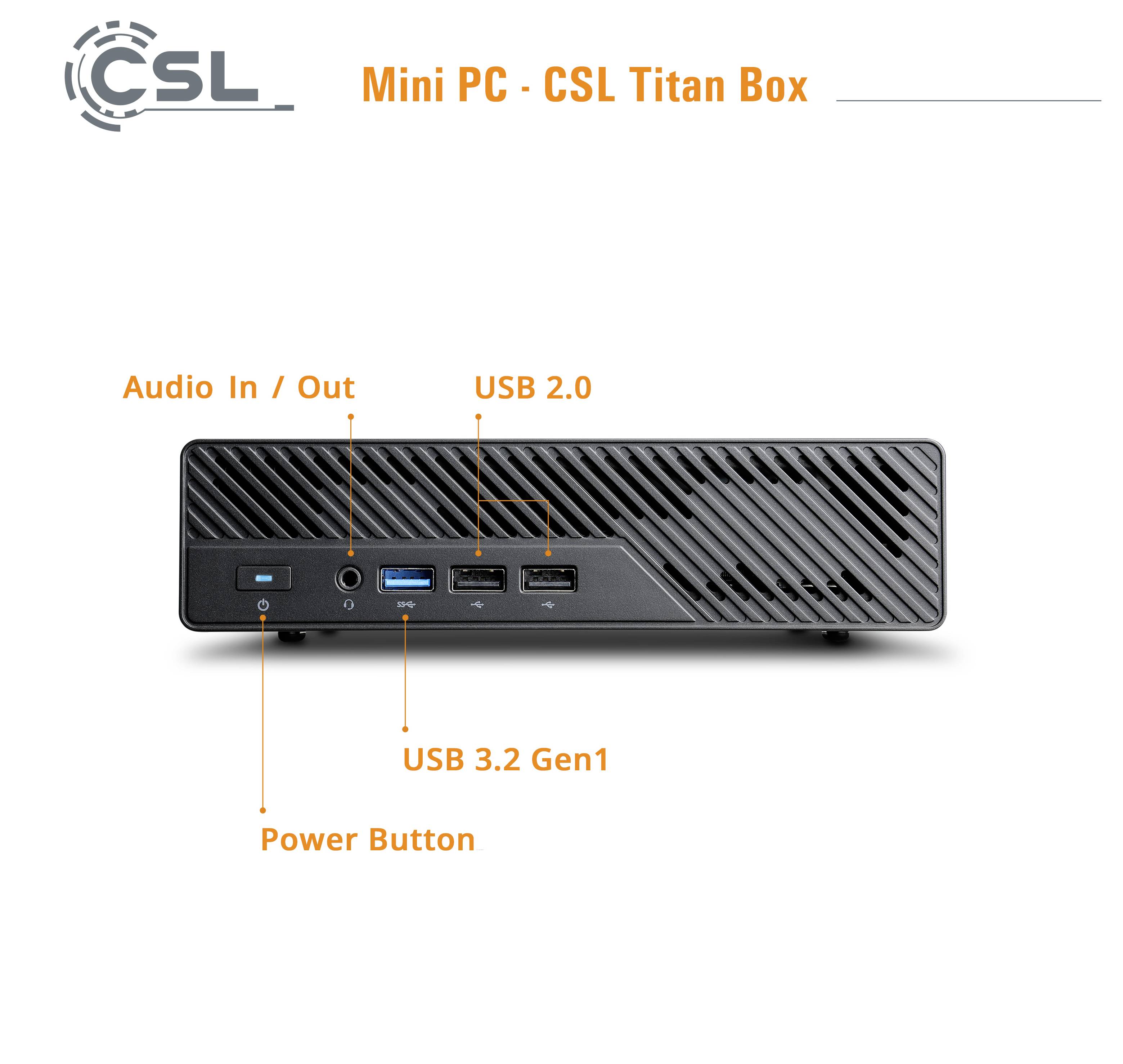 Pannello anteriore del mini PC CSL Titan Box con porte etichettate: ingresso/uscita audio, USB 2.0, USB 3.2 Gen1 e pulsante di accensione.