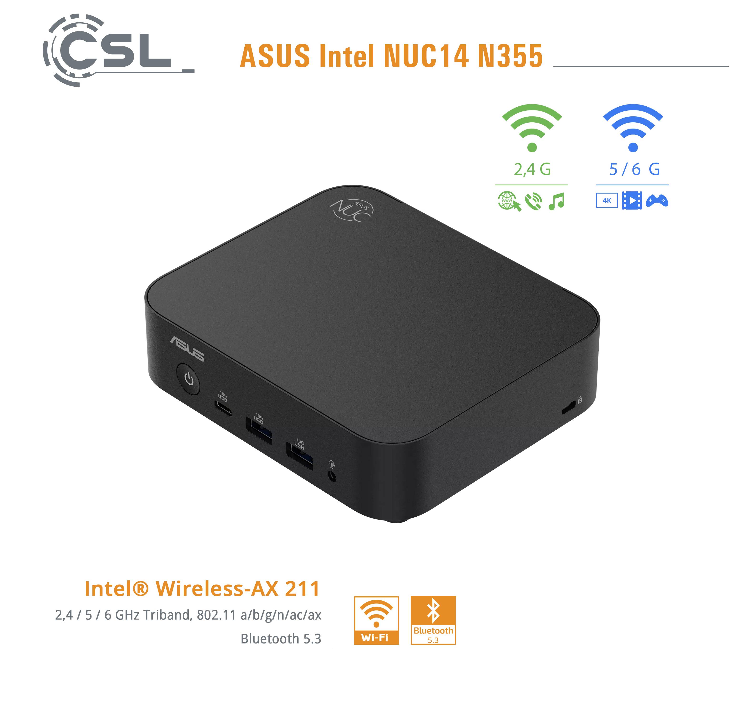Immagine del prodotto di un mini PC ASUS Intel NUC14 N355, che mostra il dispositivo nero compatto e le icone per Wi‑Fi 2.4/5/6 GHz e Bluetooth 5.3.