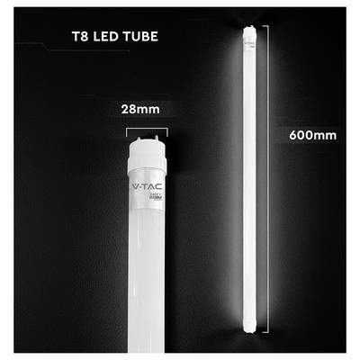 Tubo LED T8 mostrato con dimensioni: diametro 28mm e lunghezza 600mm.