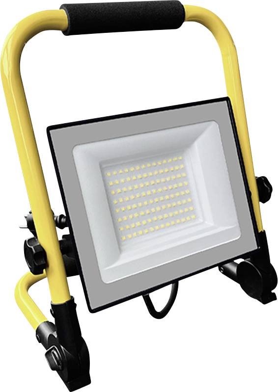 Lampada da lavoro LED portatile con supporto giallo e maniglia, mostrata su sfondo bianco.