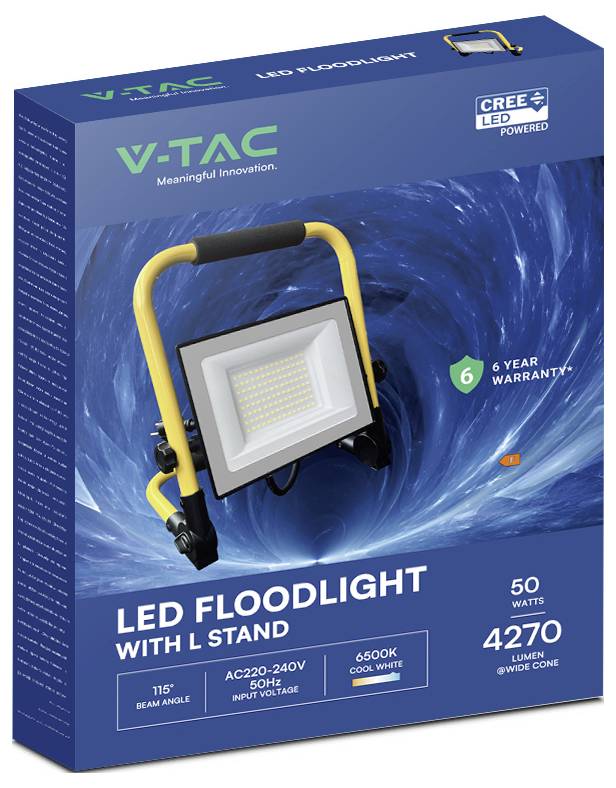 Faro LED V-TAC con supporto L, 50 watt, 4270 lumen, bianco freddo 6500K, garanzia di 6 anni su confezione blu.
