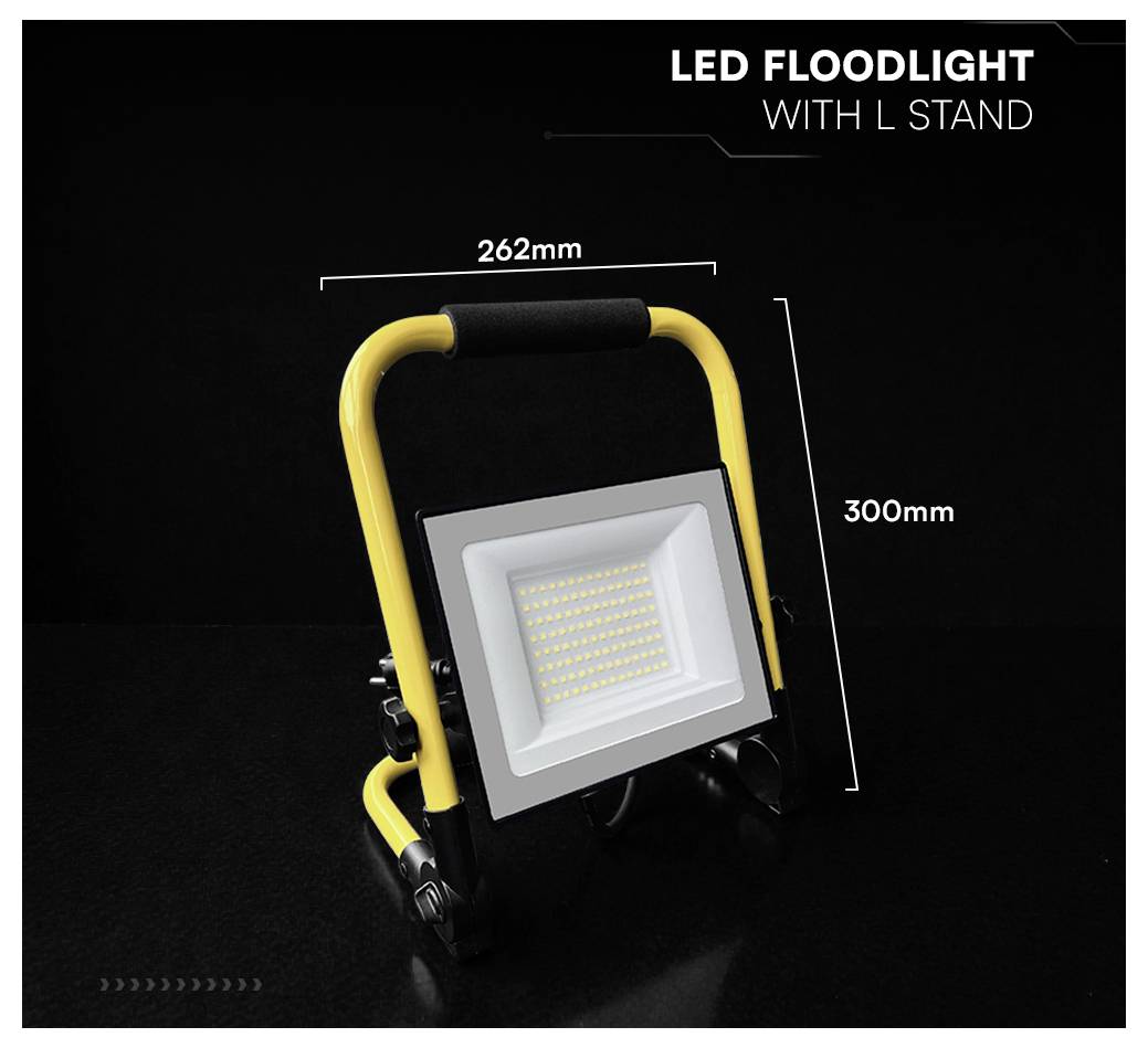 Immagine del prodotto di un faretto LED giallo e nero con supporto a L, che mostra dimensioni di 262 mm di larghezza e 300 mm di altezza su uno sfondo nero.