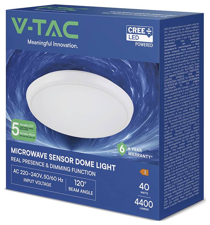 Sensore a microonde V-TAC con cupola luminosa per imballaggio, che mostra una plafoniera LED a soffitto bianca con LED CREE, 40 watt, 4400 lumen, angolo di fascio di 120°, garanzia di 6 anni.