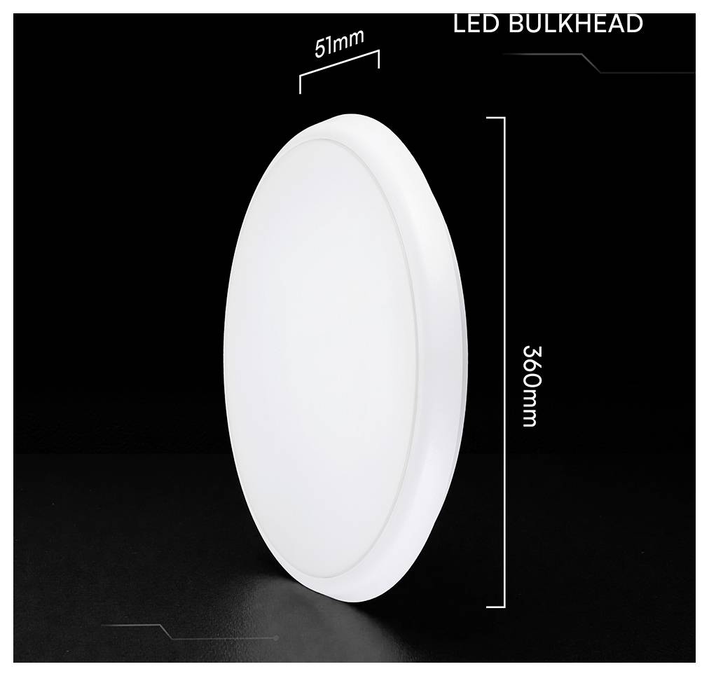 Lampada a LED rotonda bianca per esterno mostrata con dimensioni: diametro 360mm e profondità 51mm.