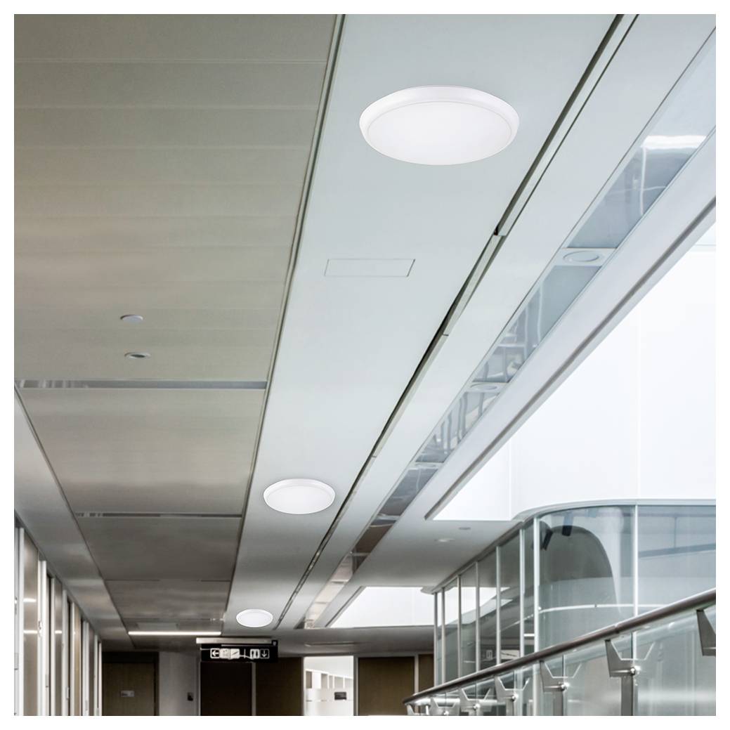 Interno di edificio moderno con un lungo corridoio, ringhiera in vetro, lucernario e luci da incasso nel soffitto