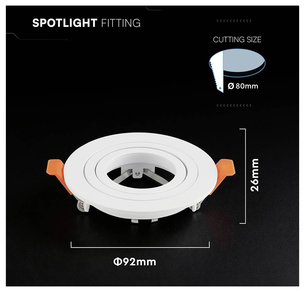 Supporto spotlight bianco con clip arancioni, etichettato con dimensione di taglio Ø80mm, diametro totale Φ92mm, e altezza di 26mm su sfondo nero.