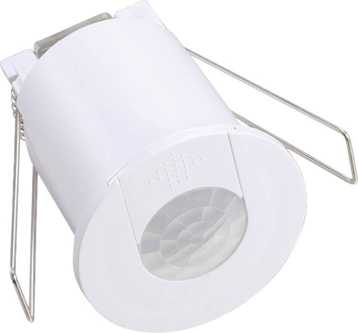 Sensore di movimento a incasso nel soffitto bianco con lente rotonda e clip metalliche a molla