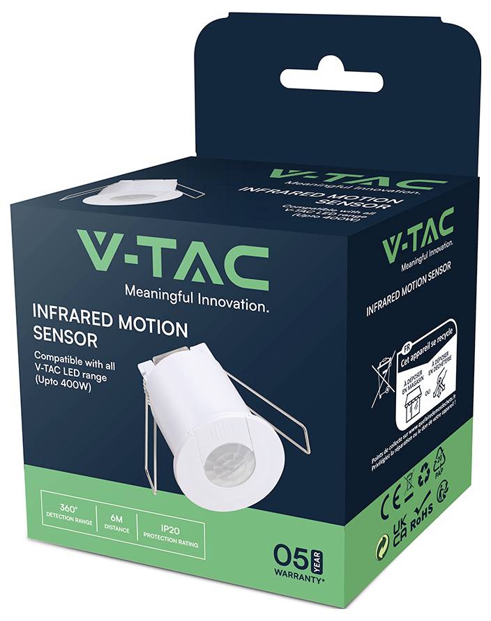 Scatola di imballaggio del sensore di movimento infrarosso VTAC in verde azzurro scuro e verde, che mostra il prodotto del sensore, i dettagli di compatibilità, rilevamento a 360°, portata di 6 m, classificazione IP20 e garanzia di 5 anni.