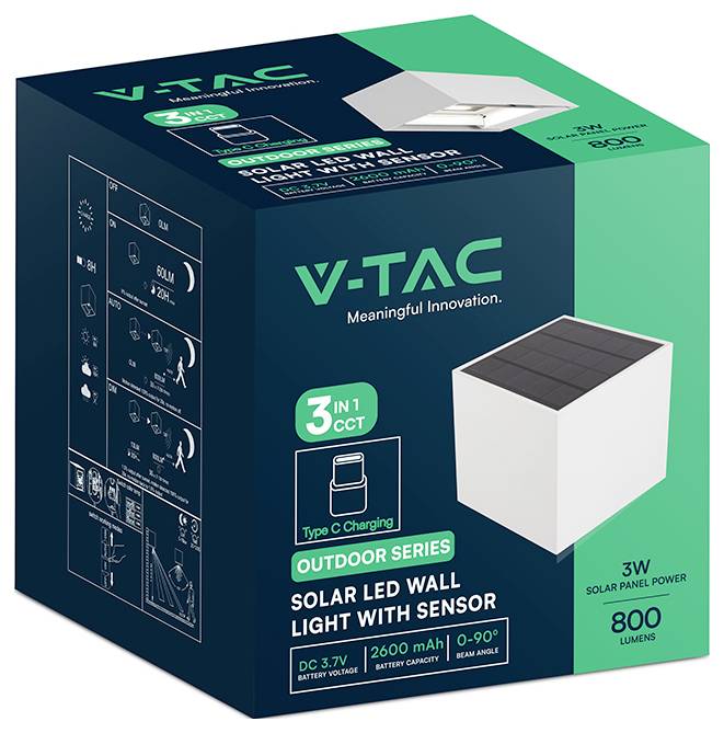 Lampada da parete solare LED V-TAC per esterno con sensore, che mostra un'applique in stile cubo bianco e confezione etichettata con 3W, 800 lumen, CCT 3-in-1, ricarica Type C.