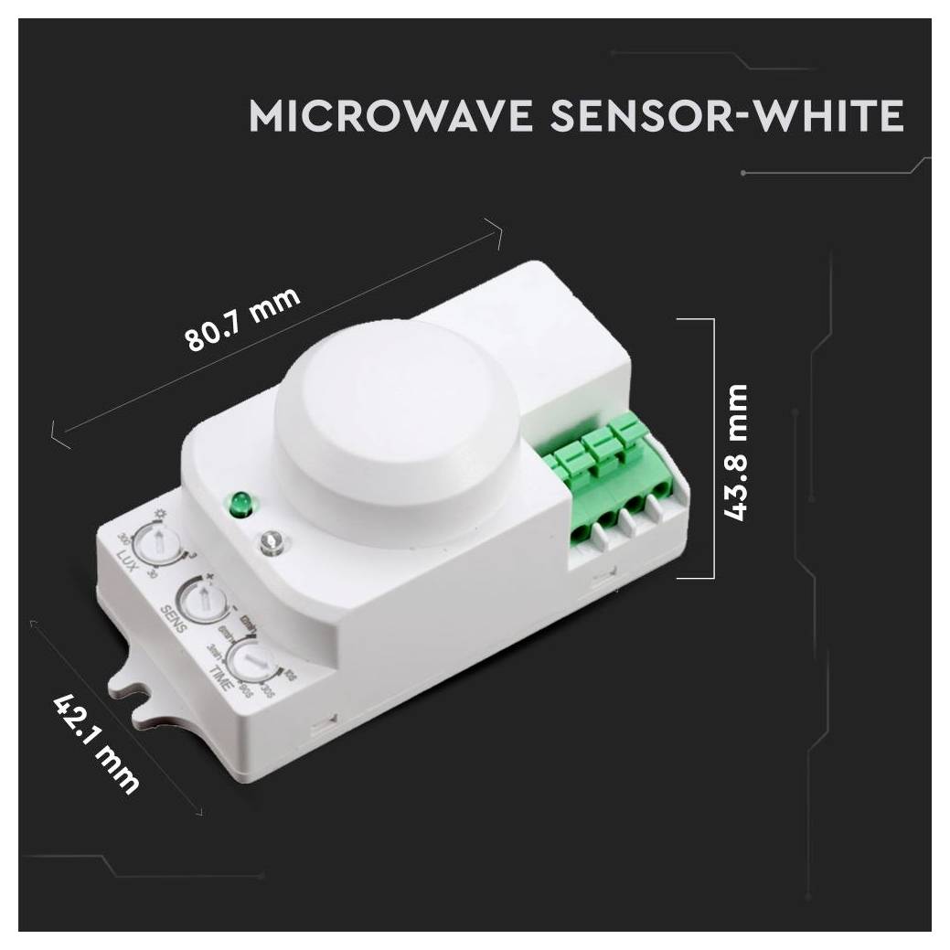Modulo sensore a microonde bianco etichettato 'MICROWAVE SENSOR-WHITE' con dimensioni 80,7 mm per 42,1 mm per 43,8 mm.