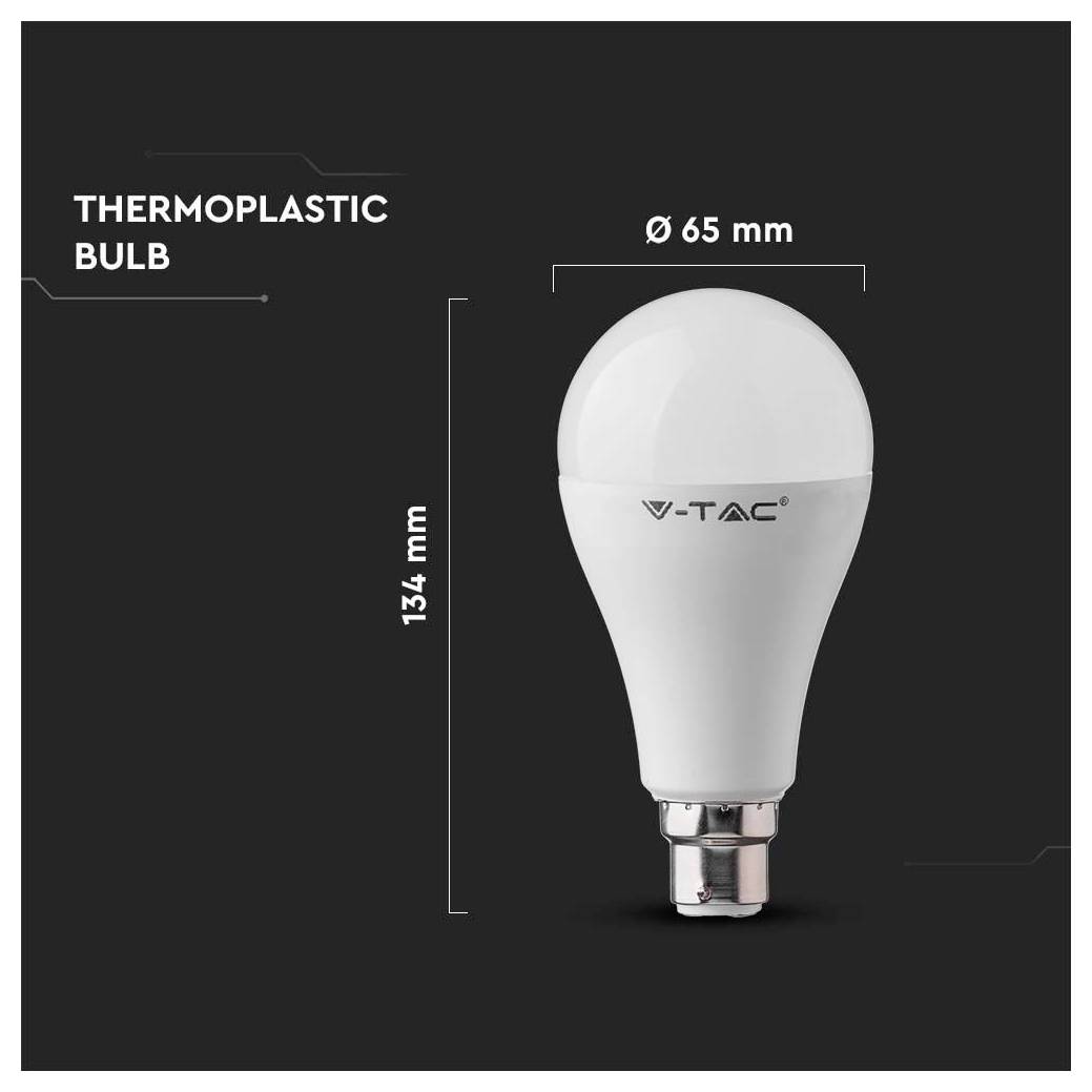 Grafica del prodotto di una lampadina in termoplastica etichettata 'THERMOPLASTIC BULB', che mostra le dimensioni Ø 65 mm e 134 mm, con il marchio V-TAC.