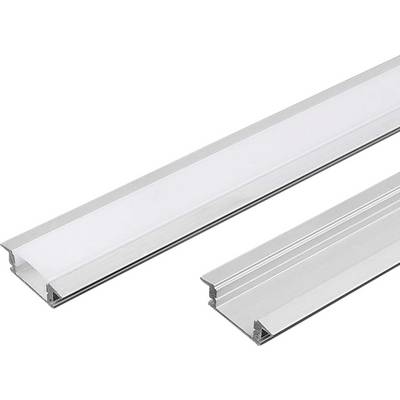 Due profili di canale LED in alluminio argentato con diffusori satinati, mostrati su uno sfondo bianco.