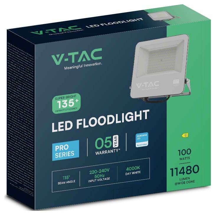Scatola prodotto faretto LED V-TAC che mostra un faretto da 100W, flusso luminoso di 11.480 lumen, bianco diurno 4000K, angolo di fascio di 115° e garanzia di 5 anni.