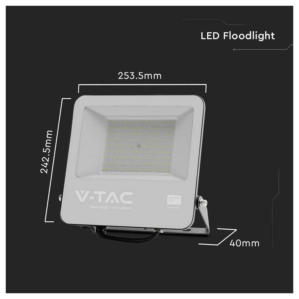 Immagine del prodotto della luce a LED con dimensioni etichettate: 253,5 mm di larghezza, 242,5 mm di altezza e 40 mm di profondità.