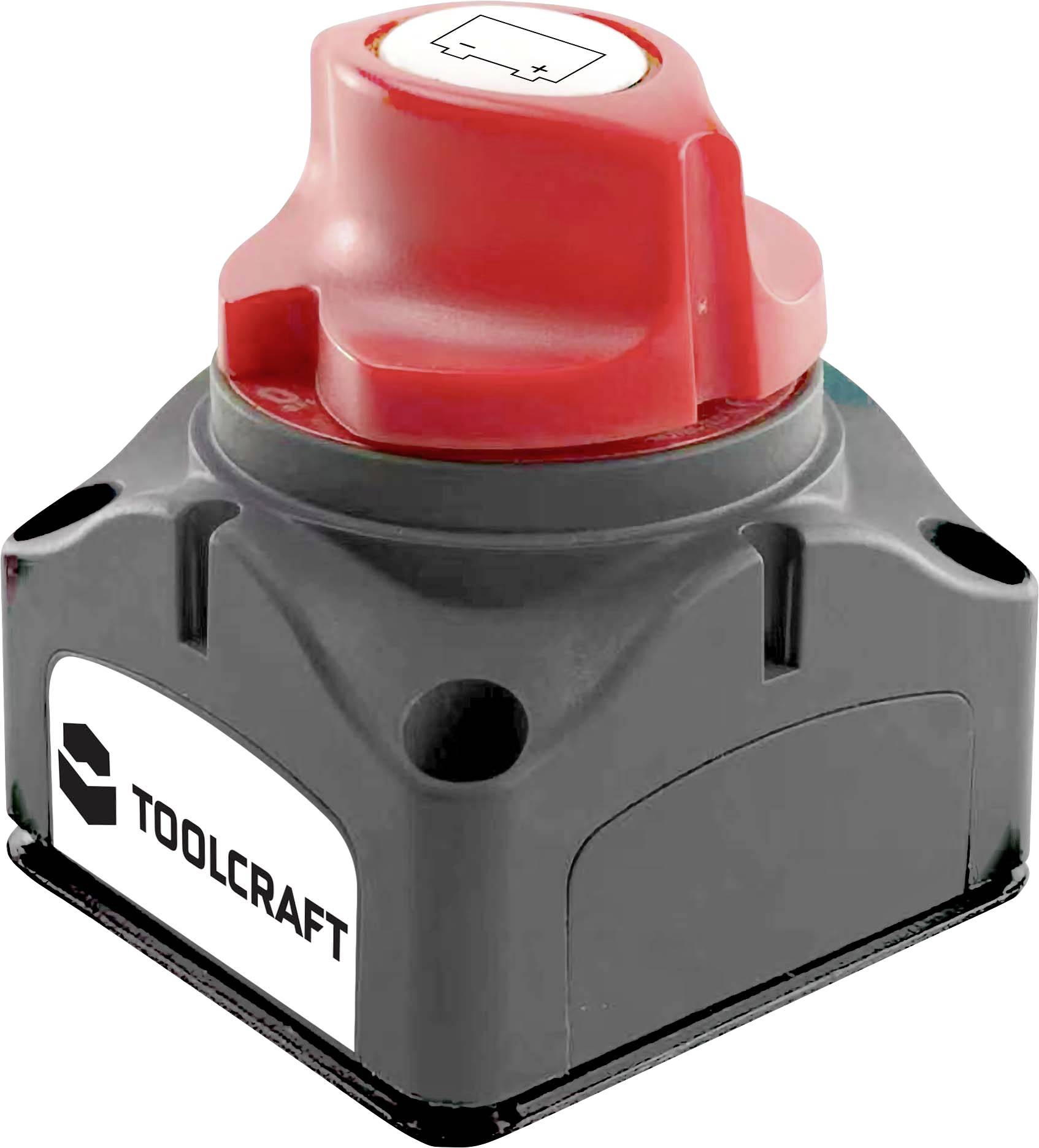 Interruttore di disconnessione batteria rosso con manopola rotatoria rossa e alloggiamento Toolcraft nero su sfondo bianco.