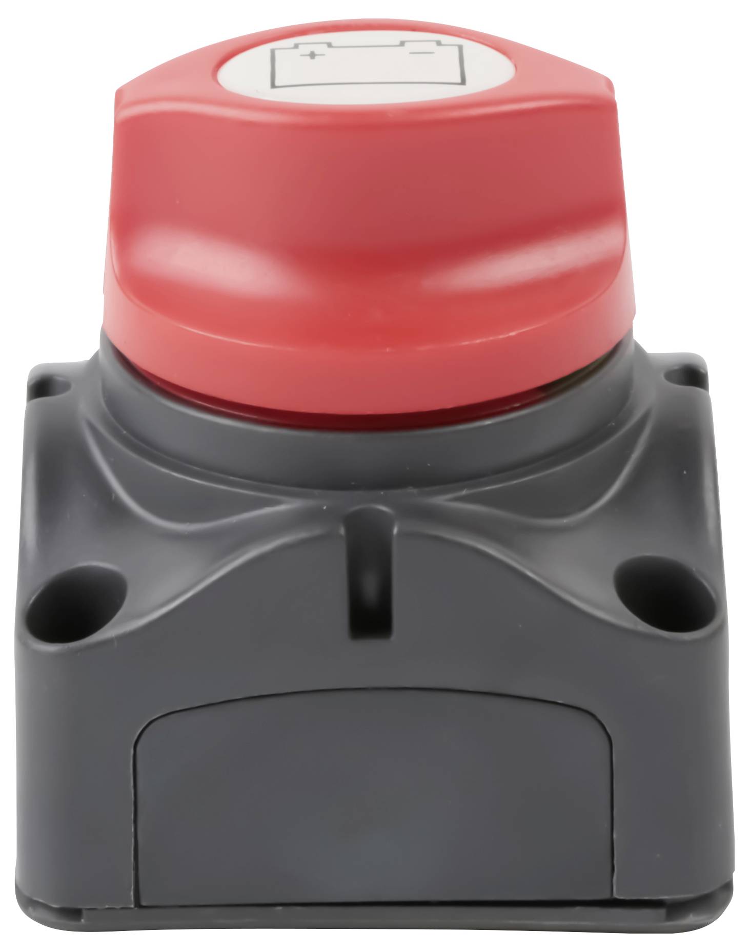 Dispositivo elettrico in plastica nera con tappo interruttore rotativo rosso e fori di montaggio, mostrato su sfondo bianco.