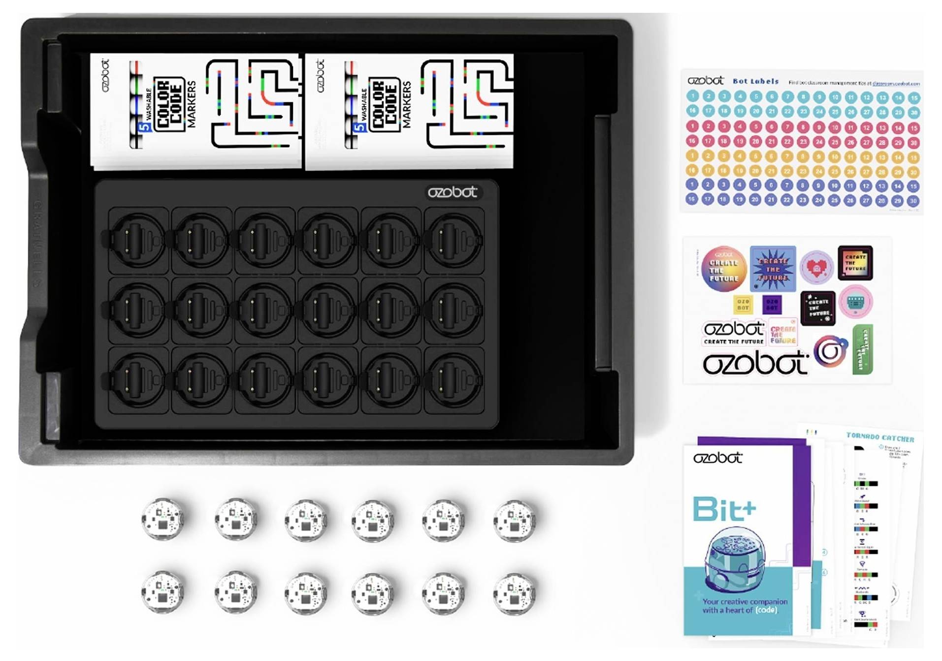 Kit di avvio Ozobot Bit+ con custodia di ricarica nera, 12 piccole palline robot, foglio di adesivi, carte attività e libretto di istruzioni su sfondo bianco