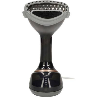 Vaporiera per indumenti portatile con testa triangolare larga e base serbatoio d'acqua su sfondo bianco.