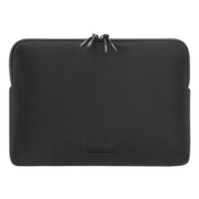Custodia per laptop nera con cerniera, angoli arrotondati e logo Tucano sottile e centrato vicino al fondo.