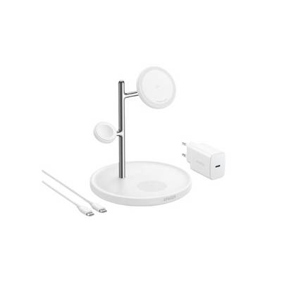 Supporto di ricarica wireless magnetico Anker bianco con base rotonda, due cuscinetti di ricarica circolari, adattatore di alimentazione e cavo USB-C su sfondo bianco.