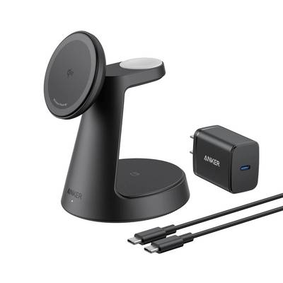 Stand di ricarica wireless Anker con pad per telefono in stile MagSafe, adattatore da parete USB-C e cavo di ricarica su sfondo bianco.