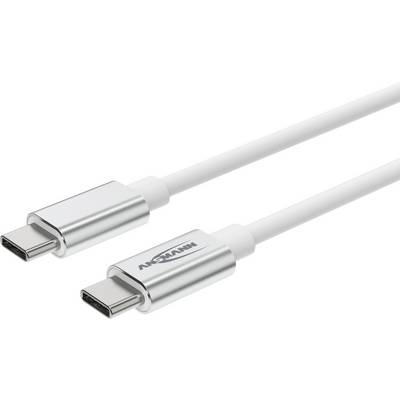 Primo piano di due cavi di ricarica USB-C argentati con connettori in metallo e cavi bianchi su uno sfondo bianco neutro.