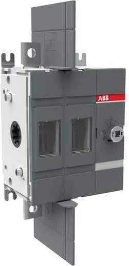 Interruttore automatico elettrico ABB grigio con hardware di montaggio e logo rosso, mostrato su sfondo bianco.