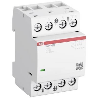 Contattore modulare ABB ESB40-40N con quattro morsetti a vite e etichettatura 230V AC/DC su un dispositivo DIN-rail bianco