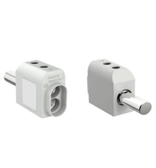 Due piccoli connettori elettrici grigi mostrati uno accanto all'altro su uno sfondo bianco, ciascuno con un perno metallico e un'apertura di contatto.