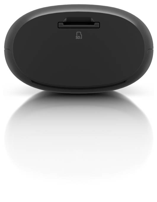 Dispositivo elettronico ovale nero vista frontale con slot per scheda SD e logo centrato sopra un riflesso lucido.