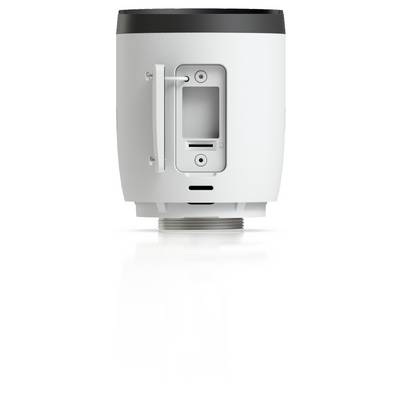 Vista frontale di un dispositivo elettronico cilindrico bianco con un pannello di controllo grigio centrale, maniglia sul lato sinistro e fessure di ventilazione vicino al fondo.