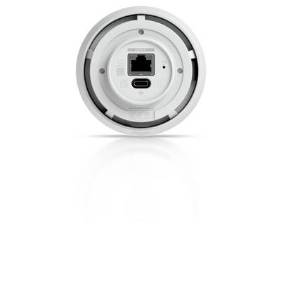 Telecamera di sicurezza bianca montata su una staffa di parete, mostrata in vista laterale su uno sfondo bianco semplice.